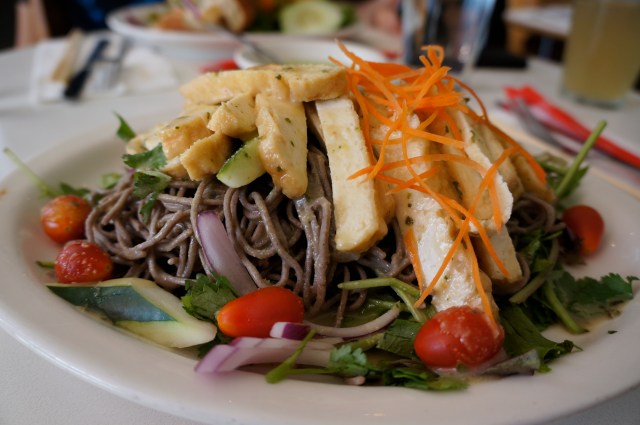 Grilled Tofu and buckwheat Soba noodles with ginger cilantro pesto at Mooncake Foods, Hell's Kitchen, NYC