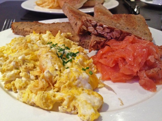Scrambles eggs with smoked salmon and whole-wheat buttered toast at a.cafe in midtown NYC (just off 5th Ave)