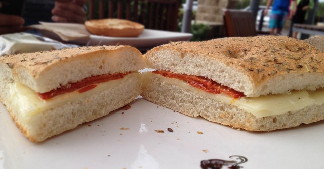 Breakfast sandwich (herbed focaccia with Spanish chorizo and Manchego Cheese) at Starbucks Coffee in Cancun, Mexico