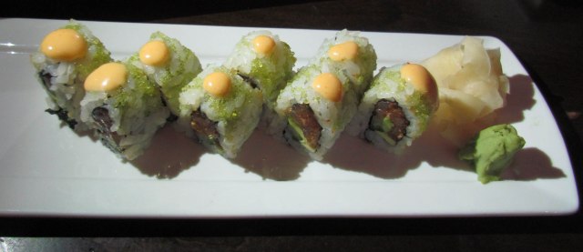 The Angry Zengo roll - with spicy yellowtail tuna, avocado, cucumber, sesame, green onion, wasabi tobiko and chipotle rouille, 