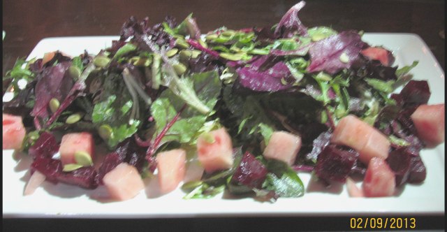 Baby Beet salad - with candied baby beets, watermelon, pumpkin seeds, and miso-cotija vinaigrette - at Zengo NYC