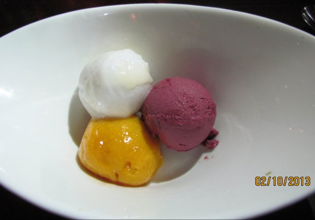 Sorbet trio - coconut, mango, and raspberry - at Zengo NYC
