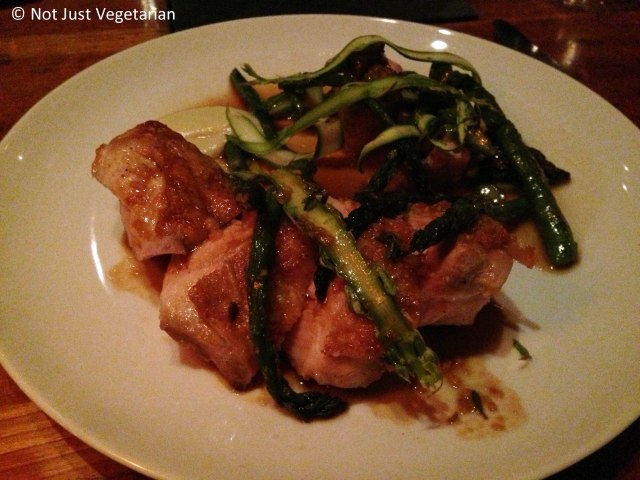 Roast smoked chicken breast and leg with thinly sliced and grilled asparagus at Hearth NYC