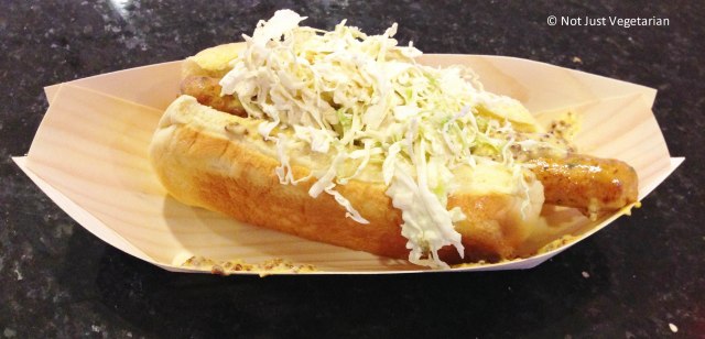 Chicken hot dog with stone ground mustard and kimchee at Simply Chicken  Concession stand at Madison Square Garden in NYC