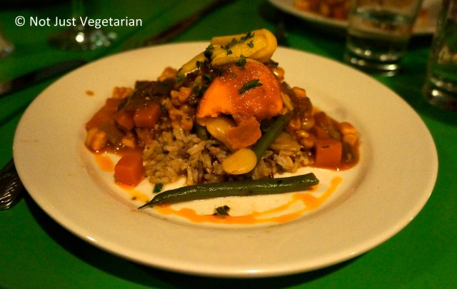 Roast Yam Etouffee with spring vegetables and spicy pickled chayote, served with wild rice at Table Verte NYC