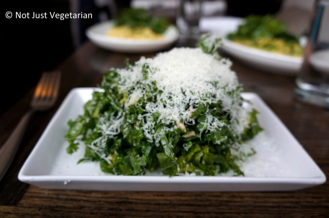 Russian kale salad with sunflower seeds tossed in a lemon vinaigrette and topped with thinly shredded pecorino cheese at Tremont NYC