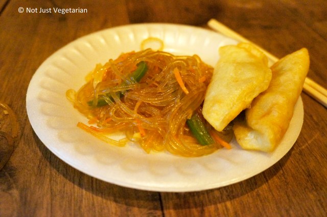 Japchae (sweet potato glass noodles) and Mandu (fried Korean dumplings filled with vegetables and minced meat) at Take 31 in NYC