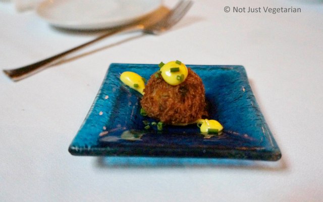 Amuse -bouche at Thalassa NYC - Cod fritters with aioli and chopped chives