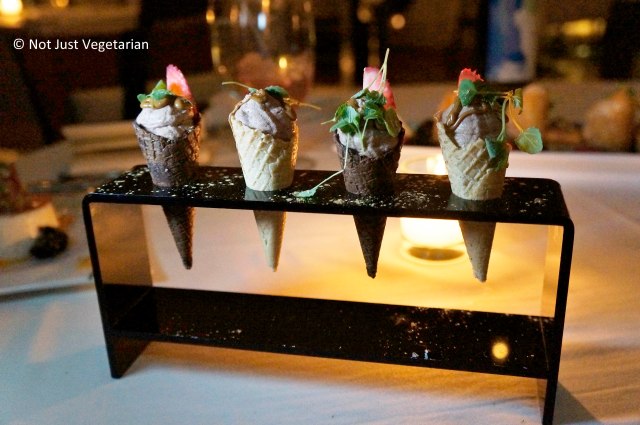Chocolate mousse served in mini waffle cones at Thalassa NYC