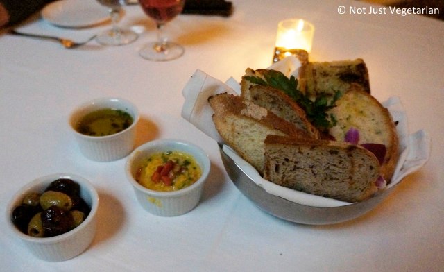 Bread with fava bean puree, Greek olive oil and Greek olives (green and black) at Thalassa NYC