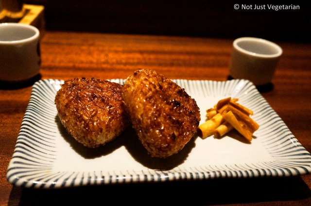 Crunchy rice balls (triangles) with sekigahara soy sauce at Yopparai NYC