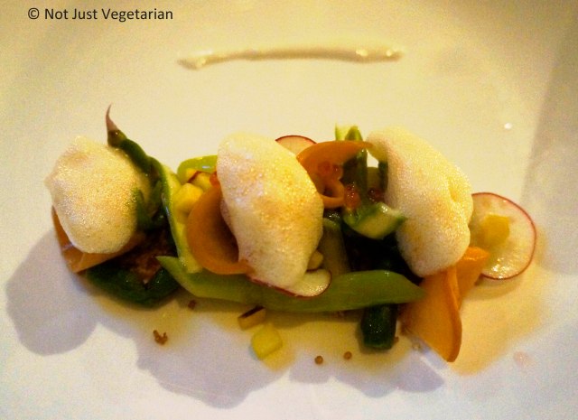 Asparagus salad, with peaches, yogurt, puffed quinoa and trout roe at Greenwich Project NYC