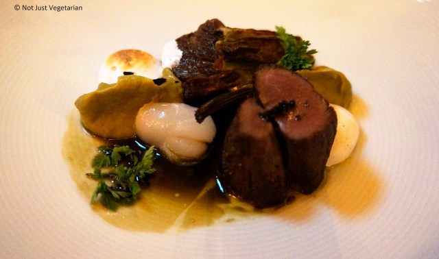 New Zealand Red Doe with flavors of gin, litchis, roasted fennel and fennel puree at Musket Room in NYC