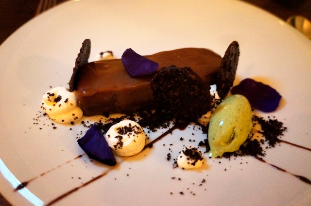 Chocolate Torte with black mint ice cream and mascarpone at Musket Room NYC