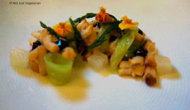Cold smoked scallops with cucumbers, pears, and sea beans at Musket Room NYC