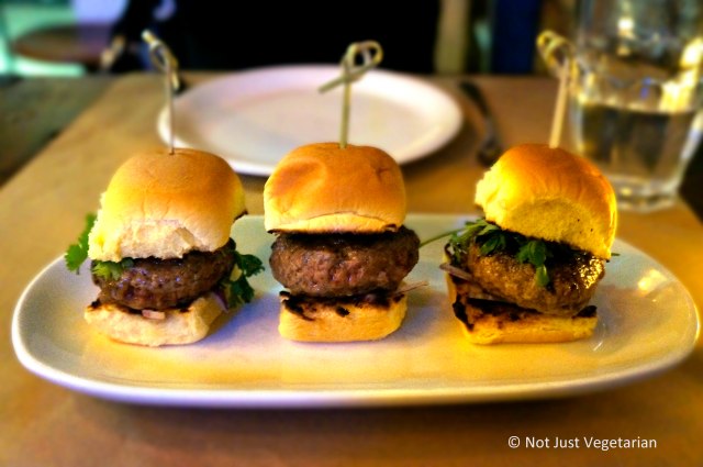 Spiced lamb burger bites with sumac aioli, cilantro and sliced red onion at Willow Road NYC