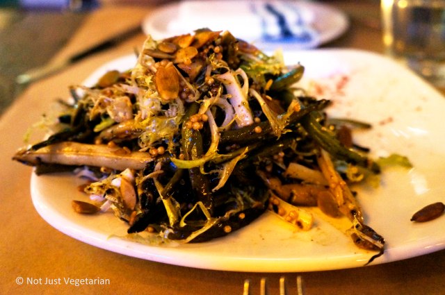 Charred (string) bean salad with pepitas, mustard, and smoked paprika at Willow Road NYC