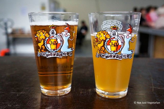Left: Pedigree New World Pale Ale by Marston's; Right: Gulpener Korelwolf Witbier (Belgium) - at the Great British Beer Festival (GBBF) 2013 in London