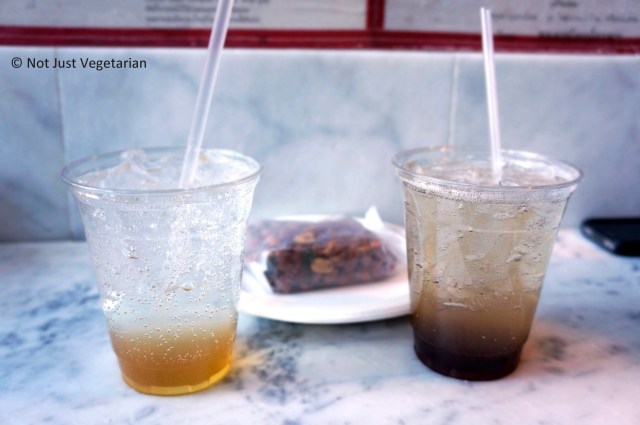 Pok Pok Som Drinking vinegars (Honey - Left, and Tamarind - Right) at Pok Pok Phat Thai in NYC