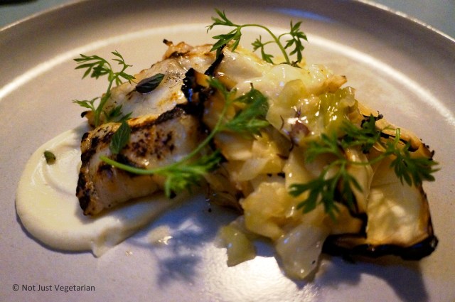 Grilled monkfish with cabbage, cauliflower, and peppermint at Skál in NYV