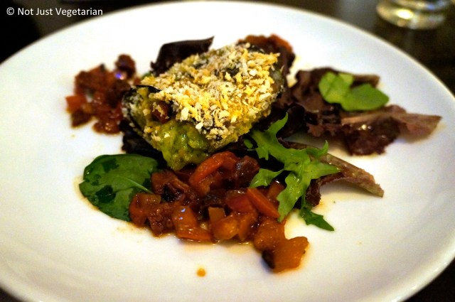 Involtini (Roasted tomatoes, basil pesto, roasted red peppers and apple wood smoked cheddar rolled in char-grilled breadcrumb encrusted aubergine, served with salsa rosso) at The Gate Islington in London
