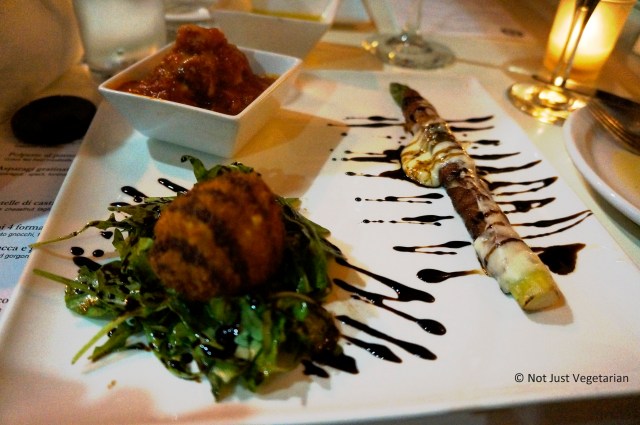 Bottom left: Tuna and ricotta croquette with arugula salad and balsamic reduction at Giano NYC