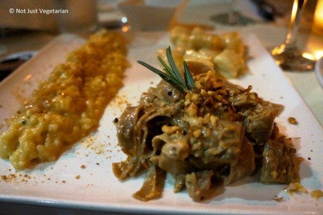 Chestnut tagliatelle in a sausage ragout with mushrooms and toasted walnuts at Giano NYC