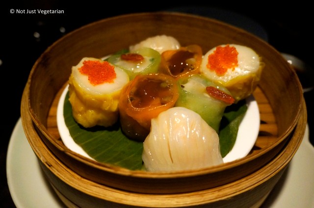 Vegetarian dim sum platter (crystal dumpling, vegetable shumai, yeam bean and shitake dumpling, and vegetable bean curd roll) at Hakkasan Mayfair in London