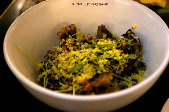 Grilled eggplant with scrambled eggs, smoked brook trout, and brown butter at Alder NYC