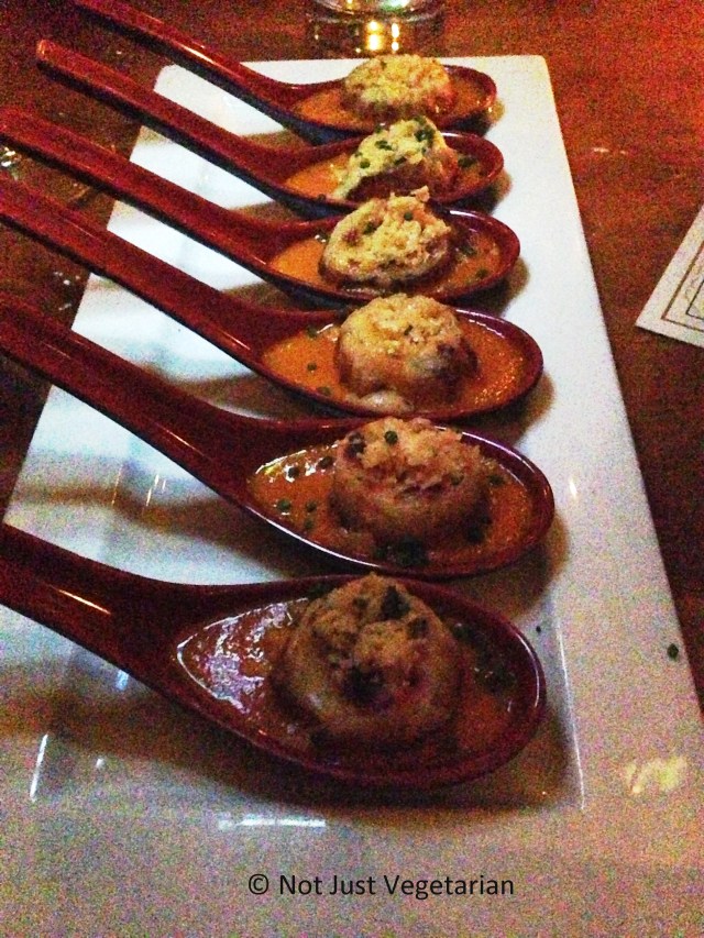 Grilled cheese smoked bacon, and tomato soup dumplings at Beauty & Essex in NYC