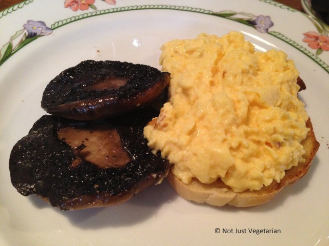 Scrambled eggs with mushrooms  and toast at Bumpkin, South Kensington in London