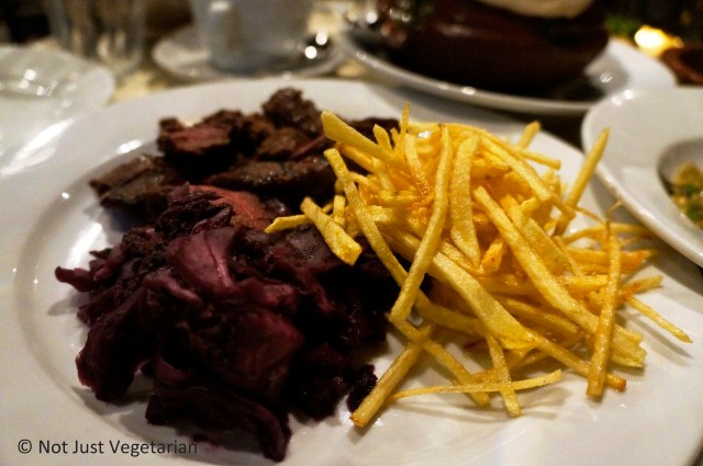 Korean marinated onglet steak with shoe string friesand kimchi at Dock Kitchen in London