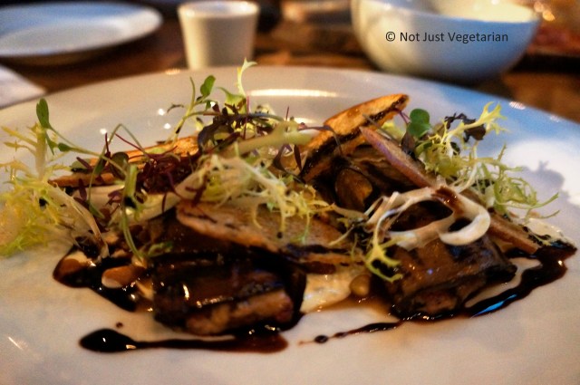 Aubergine with grilled courgettes, marinated peppers, goat curd and balsamic at 28-50 in Marylebone, London
