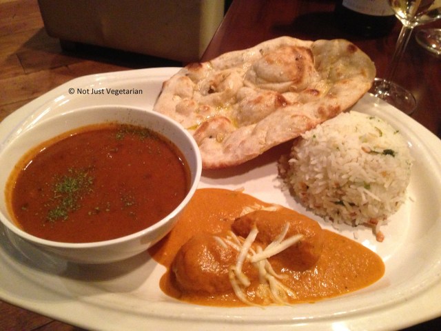 Hyderabadi Malai Kofta and Black Dal with a mixed cereal naan and steamed basmati rice at Indali Lounge in London