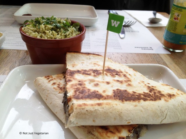 Huitilacoche quesadilla (mushroom and cheese) with green rice at Wahaca in London