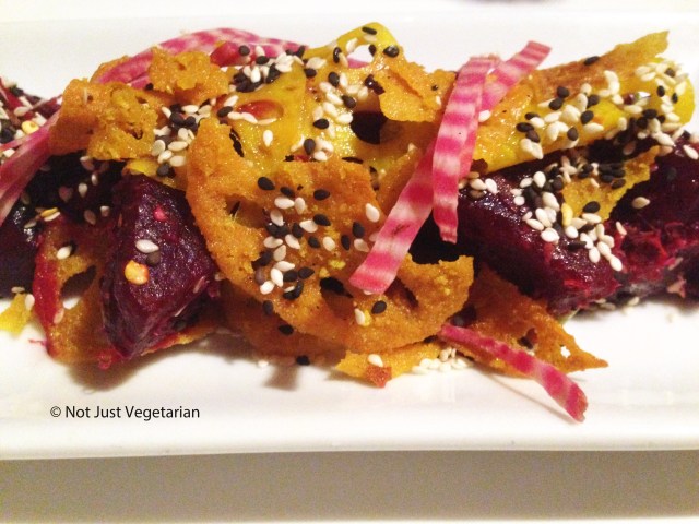 Roasted beetroots with chilli, coriander, sesame seeds and lotus roots at Ottolenghi Islington in London