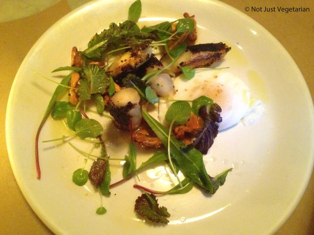 Grilled white asparagus with slow cooked egg and hedgehog mushrooms at Il Buco Alimentari e Vineria